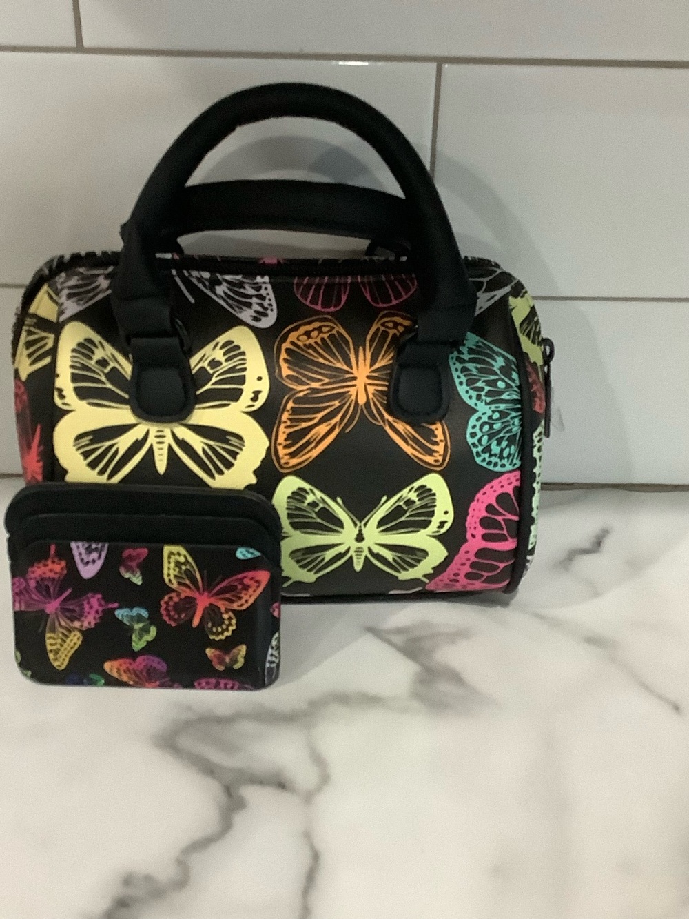 Black Butterfly Print Women’s Satchel Bag with Neon Accents includes card holder